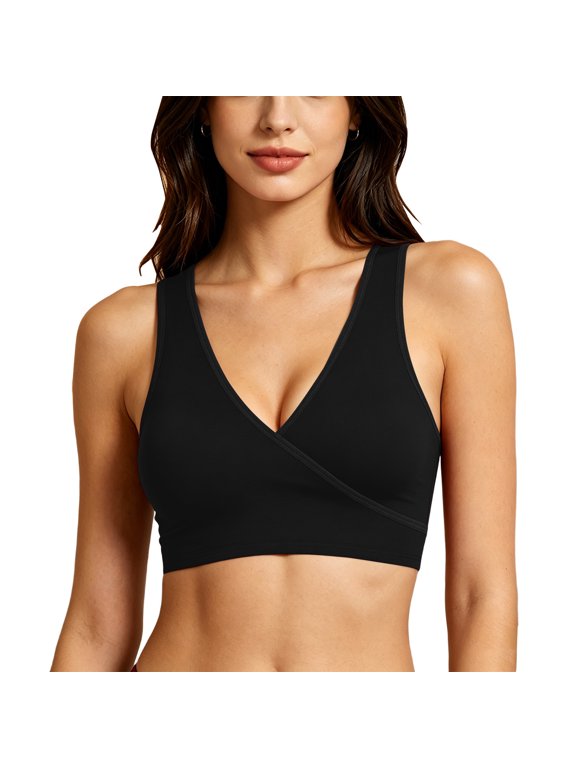 Women's Front Wrap V Neck Bra Seamless Wide Straps Push Up Bras Cotton Wireless Support Bra Comfortable No Underwire Everyday Bra Black XXL