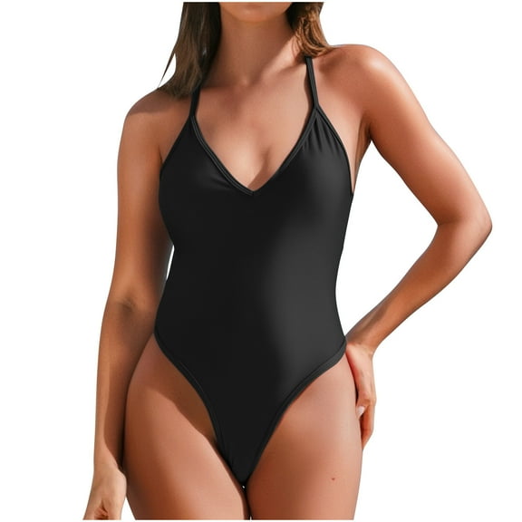 Iugvhana Women's Halter One Piece Swimsuits Tie Back V Neck Low Back Bathing Suit Slimming Ruched Butt High Cut Swimsuit Thong Swimwear Black XXL