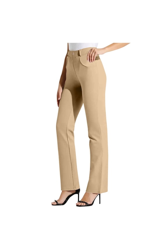 Women's High Waisted Stretchy Bootcut Pull On Dress Pants Office Business Casual Work Pants Elastic Waist Straight Yoga Pants Khaki XXL