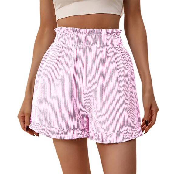 Iugvhana Women's High Waisted Striped Shorts Ruffle Hem Elastic Waistband Loose Fit Summer Casual Shorts Relaxed Fit Beach Shorts Hot Pink XXL