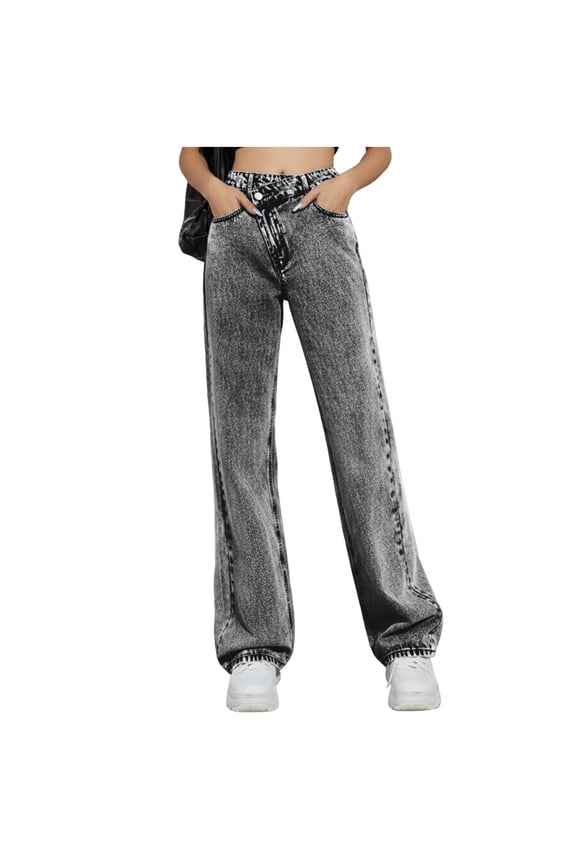 Women's Jeans Pants Crossover Waist Vintage Straight Leg Denim Pants Fashion Classic Casual Outdoor Jean Pants Streetwear Gray M