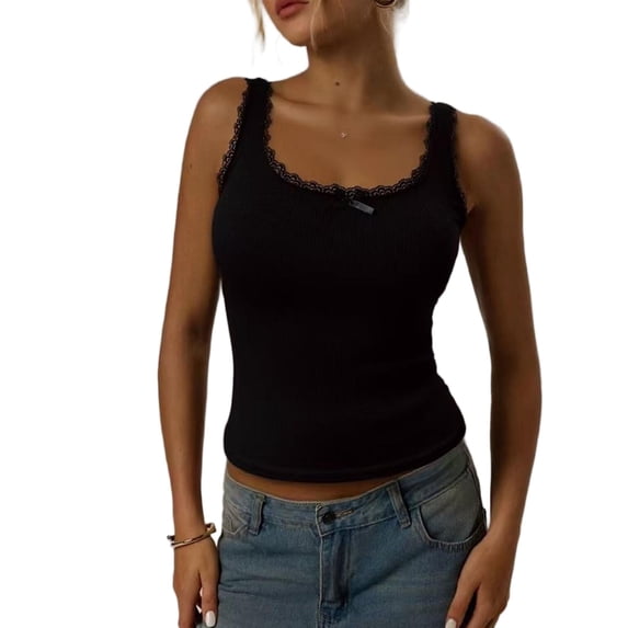 Iugvhana Women's Lace Trim Square Neck Tank Tops Bow Ribbed Sleeveless Tank Top with Removable Pads Wide Strap Comfortable Camisole Vest Black M