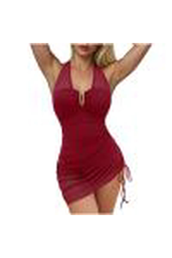 Women's Mesh Halter One Piece Swim Dress U-Wire Tummy Control Swimsuits Push Up High Waisted Sarong Wrap Skirt Bathing Suit Red XL