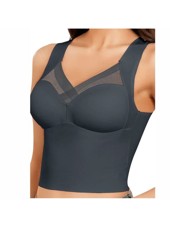 Women's Mesh Stitching Seamless Bra Comfortable Wide Strap Padded Bras Smooth Back Breathable Casual Daily Tank Cami Tops Blue XXL