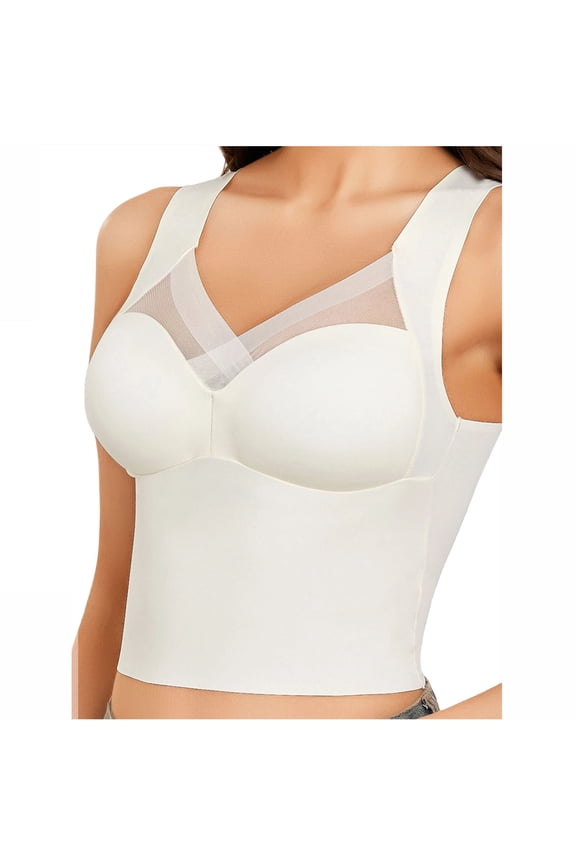 Women's Mesh Stitching Seamless Bra Comfortable Wide Strap Padded Bras Smooth Back Breathable Casual Daily Tank Cami Tops White XL
