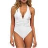 Iugvhana Women's One Piece Swimsuit Halter Deep V Neck Bathing Suits Tummy Control Ruched Swimwear Push Up Backless Vintage Swimsuits White M