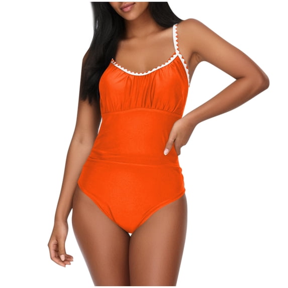 Iugvhana Women's One Piece Swimsuit Tummy Control Swimwear Ruched Vintage Slimming Bathing Suit High Waisted Scoop Neck Swim Suits Orange XXL