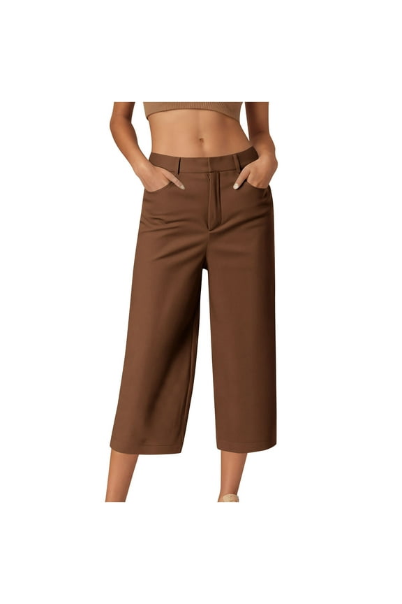 Women's Straight Wide Leg Capri Pants Dressy Casual High Waisted Work Office Trousers Cropped Lounge Pants with Pockets Brown XL