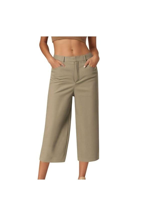 Women's Straight Wide Leg Capri Pants Dressy Casual High Waisted Work Office Trousers Cropped Lounge Pants with Pockets Khaki S