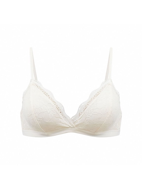 Women's Triangle Bra Plunge Deep V Neck Wireless Lace Bras No Padded Soft Comfortable No Underwire Bra Everyday Sleep Bras White 808590CD