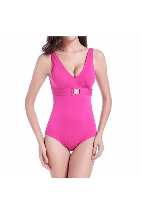 Women's Tummy Control Swimsuits Open Back One Piece Bathing Suit V Neck High Waist Swimsuit Full Coverage Slimming Swimwear Hot Pink XL