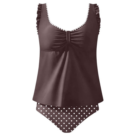 Iugvhana Women's Tummy Control Tankini Swimsuits Modest Two Piece Bathing Suit Ruffle V Neck Tank Top with Bottom High Waisted Swimwear Coffee S