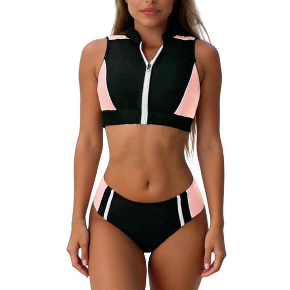 Iugvhana Women's Two Piece Sports Swimsuit Athletic Zip Front Crop Tops with High Waisted Bottom Tummy Control Bathing Suit Swimwear Pink XL