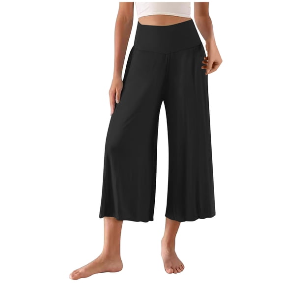Iugvhana Women's Wide Leg Palazzo Lounge Cropped Pants with Pockets Lightweight Comfy Loose High Waist Pajama Capri Pants Black M
