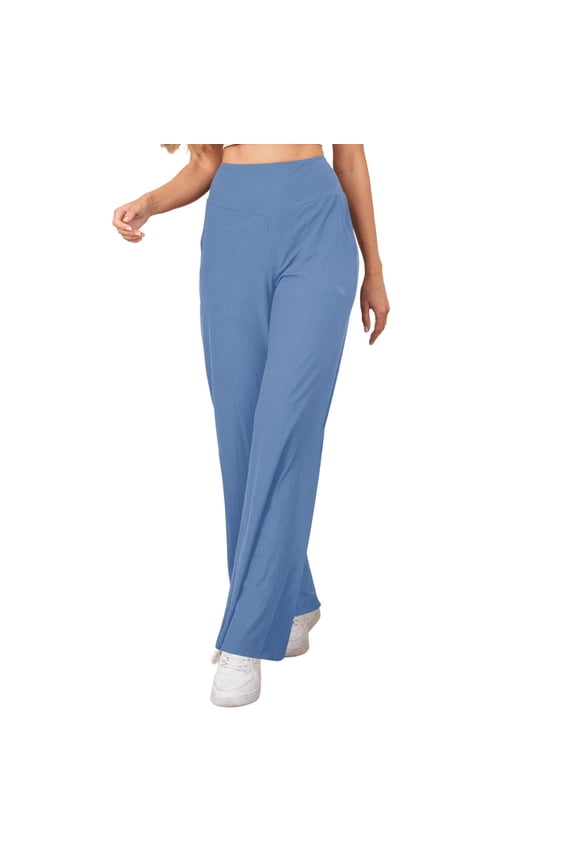 Women's Wide Leg Yoga Pants High Waisted Stretch Workout Pants with Pockets Loose Straight Leg Casual Runing Gym Sweatpants Blue S