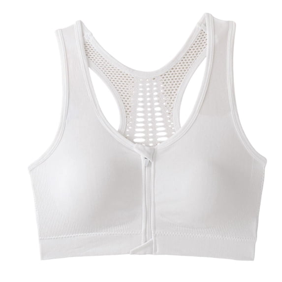 Iugvhana Women's Zip Front Sports Bra Wireless Post-Surgery Bras Racerback Full Coverage Breathable Gym Workout Running Yoga Bras White M