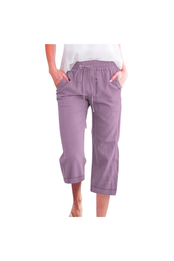 Womens Capris Pants Summer Drawstring Elastic Waist Cotton Linen Capri Pants Button Straight Wide Leg Cropped Pants with Pockets Lavender L