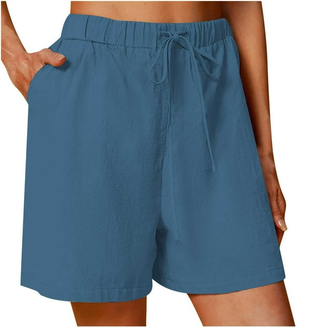 Iugvhana Womens Casual Soft Cotton and Linen Shorts Lightweight Solid Color Drawstring Elastic Waist Knee Length Lightweight Comfy Short Pants with Pockets Navy XL