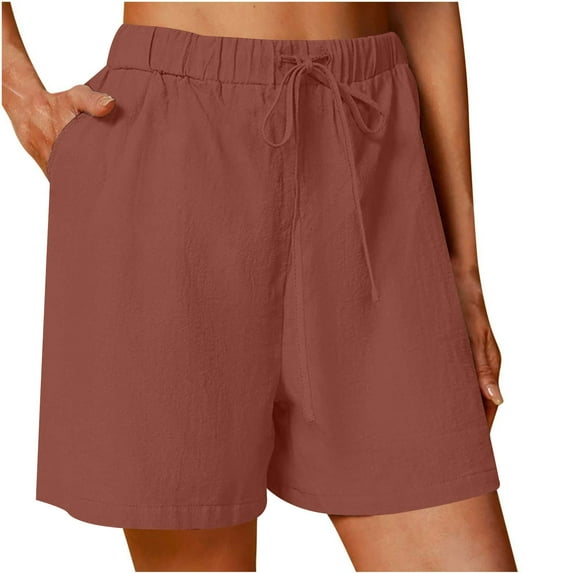 Iugvhana Womens Casual Soft Cotton and Linen Shorts Lightweight Solid Color Drawstring Elastic Waist Knee Length Lightweight Comfy Short Pants with Pockets Light Wine XXL