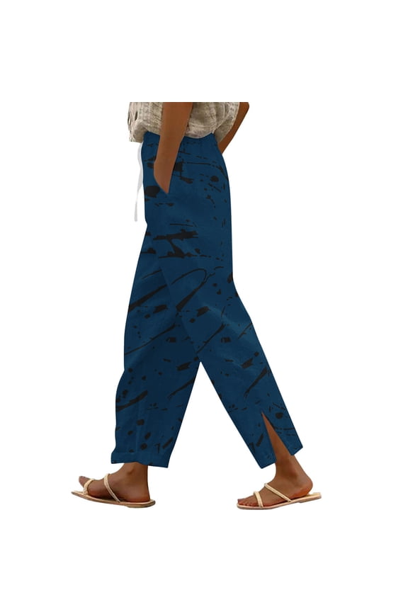 Womens Cotton Linen Pants Fashion Printed Side Split Hem Wide Leg Trouser Loose Casual Summer Lounge Beach Pants with Pockets Blue XXL