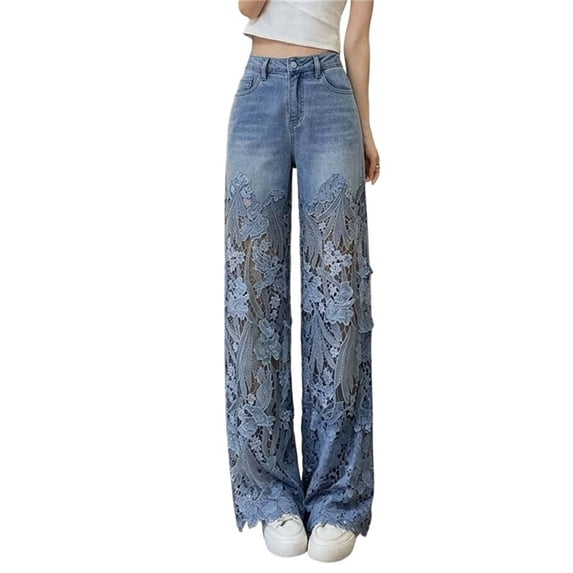 Iugvhana Womens High Waist Jeans Hollow Out Lace Splicing Denim Pants Casual Straight Wide Leg Stylish Party Jeans Pants with Pocket Blue XL
