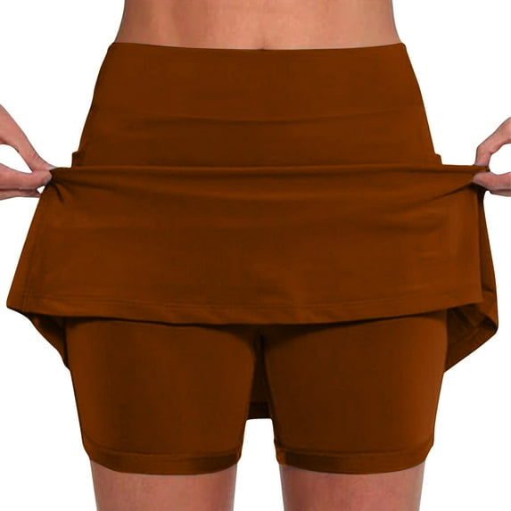 Iugvhana Womens Skorts with Pockets Lightweight Tummy Control Plus Size Skorts for Women High Waist Solid Color Athletic Sports Skirt Shorts Brown#02 XXXL