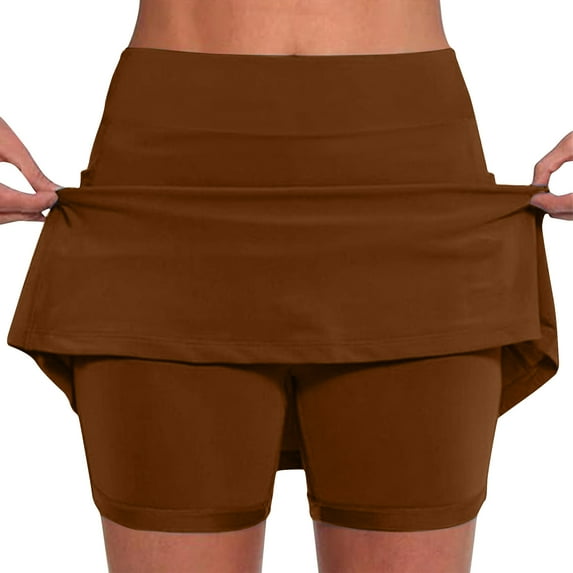 Iugvhana Womens Skorts with Pockets Lightweight Tummy Control Plus Size Skorts for Women High Waist Solid Color Athletic Sports Skirt Shorts Brown#03 XL