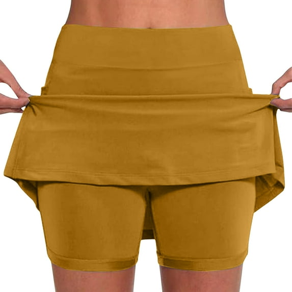 Iugvhana Womens Skorts with Pockets Lightweight Tummy Control Plus Size Skorts for Women High Waist Solid Color Athletic Sports Skirt Shorts Yellow#01 XXL