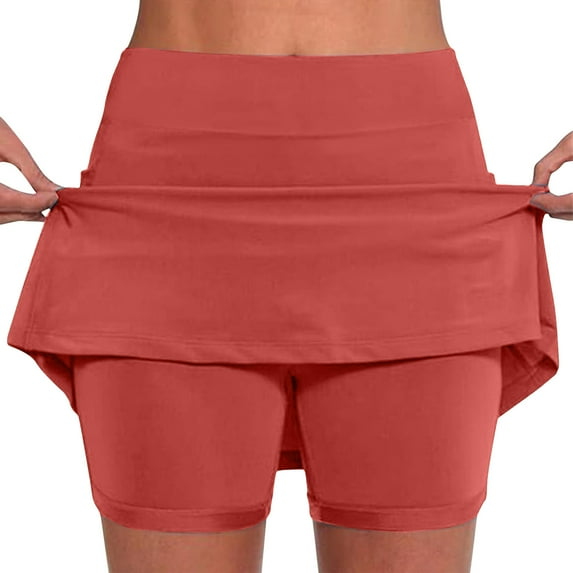Iugvhana Womens Skorts with Pockets Lightweight Tummy Control Plus Size Skorts for Women High Waist Solid Color Athletic Sports Skirt Shorts Red#01 XL