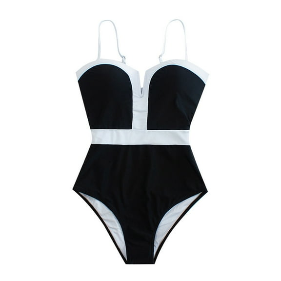 Iugvhana Womens Tummy Control Bathing Suit One Piece Swimsuit V Neck Vintage Color Block Swim Suits Spaghetti Strap Slimming Swimwear Black M