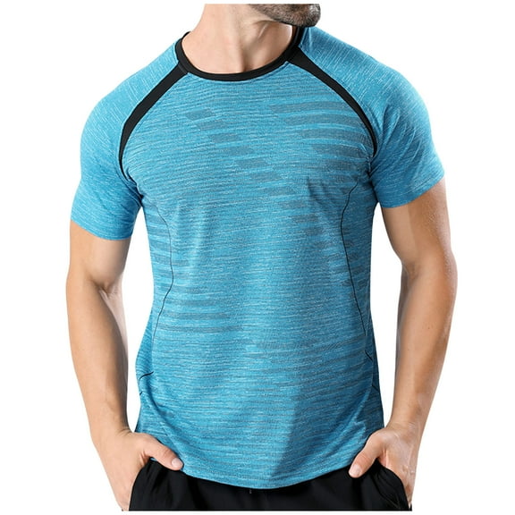 Iugvhana Workout T-Shirts for Men Stretch Short Sleeve Crewneck T-shirt Lightweight Quick Drying Sport Running Tees Blue XXXL