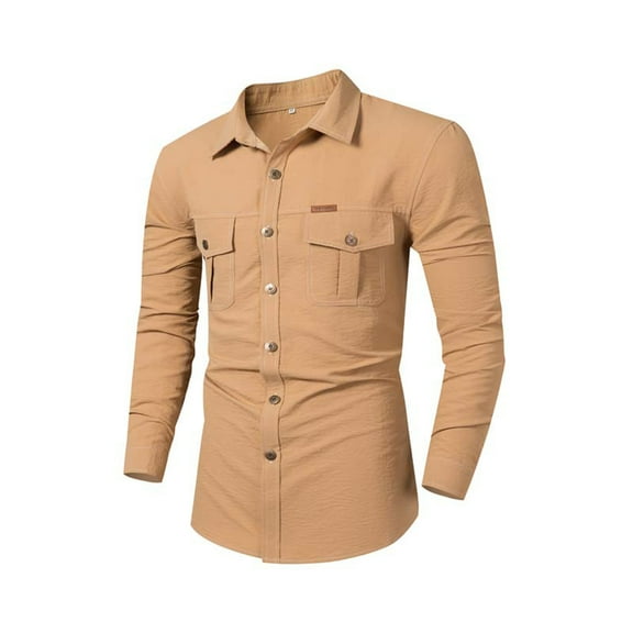 Iugvhana Workwear Shirts for Men Double Pocket Button Down Turndown Collar Shirt Cotton Casual Long Sleeve Slim Shirts Tops Khaki S