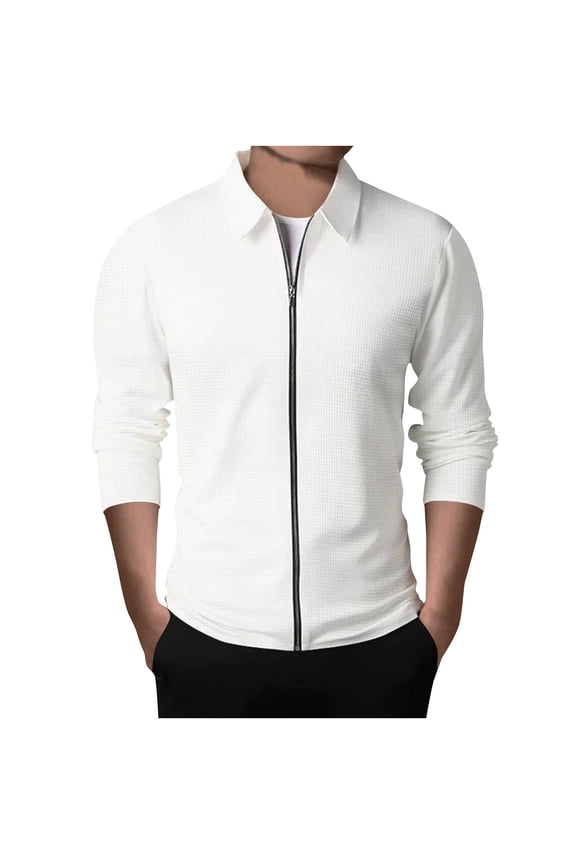 Zip Up Golf Jackets for Men Waffle Trendy Solid Long Sleeve Lapel Outerwear Coat Autumn Spring Slim Fit Casual Jacket White XXL