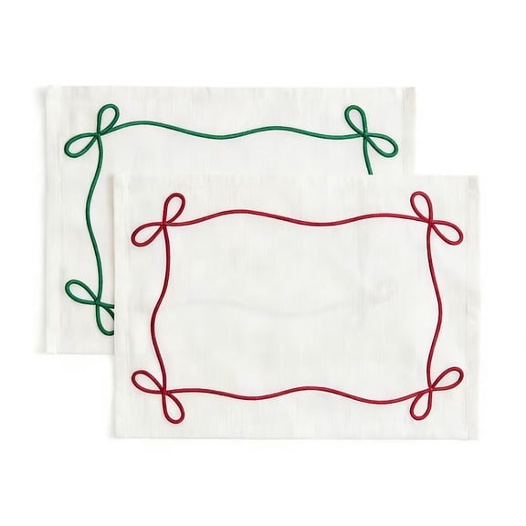 Iuhan 2Pcs Festive Table Decorations, Linen Placemats, Bow Embroidery Cotton Linen Place Mats, Holiday Dinner Napkins for Christmas Thanksgiving Easter Dining Table Setting