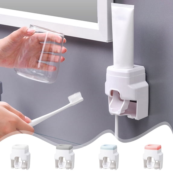 Iuhan 4Pcs Toothpaste Dispenser Wall Mounted, Automatic Toothpaste Squeezer No Drilling, Toothbrush Holder for Bathroom Sink Countertop, Strong Adhesive Vanity Organizer