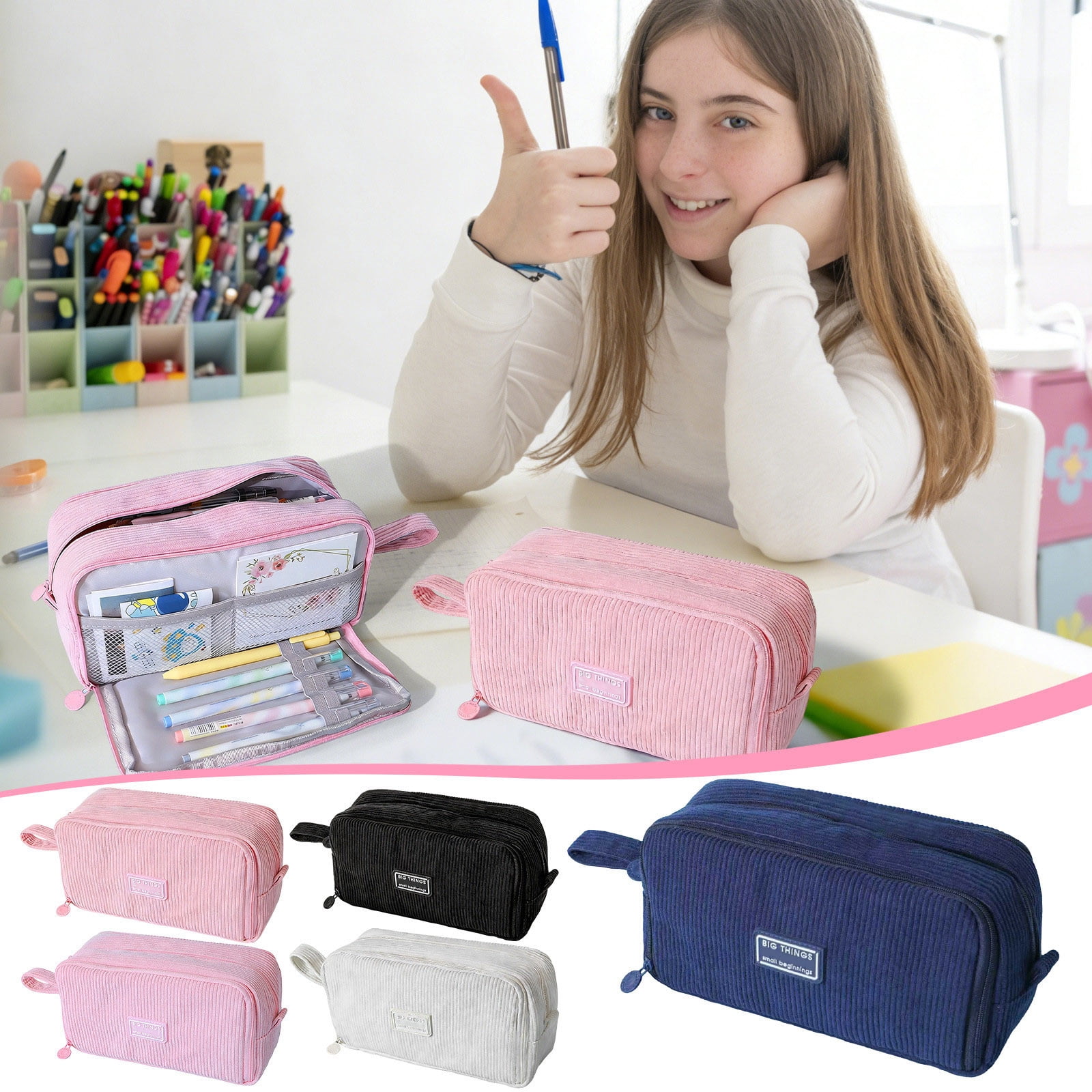 Iuhan 5Pcs Large-Capacity Pencil Pouch, Corduroy Pen Case, Multi-Compartment Organizer for Pens Markers, Durable Stationery Bag, Study Supplies for Study Office