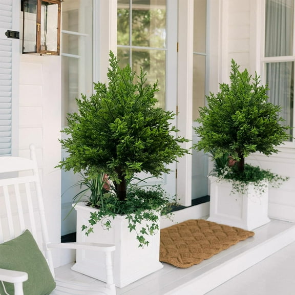 Iuhan Artificial Cedar Topiary Trees, Outdoor Faux Plants with Ground Spike, Evergreen Shrubs Bushes for Garden Front Porch Patio Decor