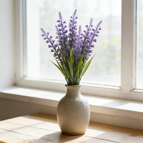 Iuhan Artificial Lavender Stems, Faux Wheat Ears, 5 Branch Lifelike Flocked Rustic Farmhouse Flowers For Wedding Photography Home Living Room Vase Decor Bouquet Centerpiece