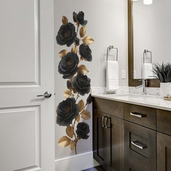 Iuhan Black Rose Golden Leaf Wall Stickers, Removable PVC Bathroom Toilet Tile Decals, Peel and Stick Wallpaper for Glass Furniture Home Decor