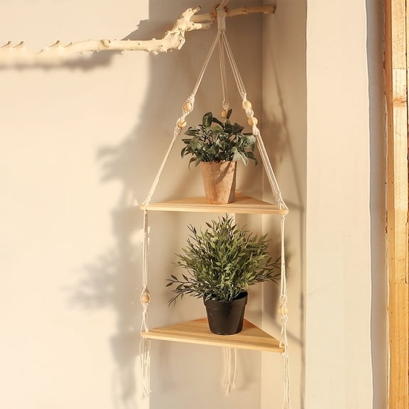 Iuhan Bohemian Rope Shelf Hand Woven Triangle Shelf Wooden Craft Boho Decor Wall Shelf for Plant Hanger Flower Pot Storage Macrame Hanging Shelf for Bedroom Living Room Home Decor