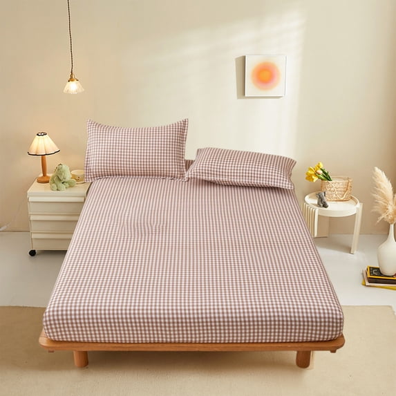 Iuhan Checkered Bed Sheet, Washed Cotton Linen Fitted Sheet Non-Slip Full Cover Mattress Protector for Double Bed Queen King Size Bedding