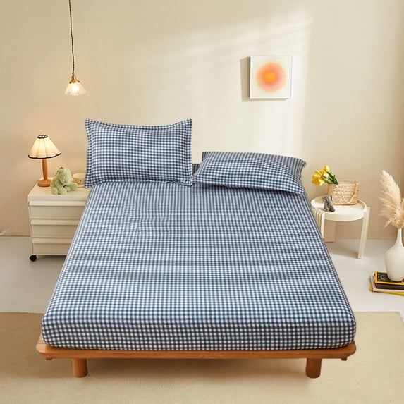 Iuhan Checkered Bed Sheet, Washed Cotton Linen Fitted Sheet Non-Slip Full Cover Mattress Protector for Double Bed Queen King Size Bedding