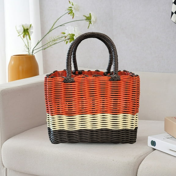 Iuhan Hand Woven Plastic Storage Basket, Multi-functional Portable Laundry Hamper, Organizer Box with Handle for Home Bathroom Bedroom Office Decor
