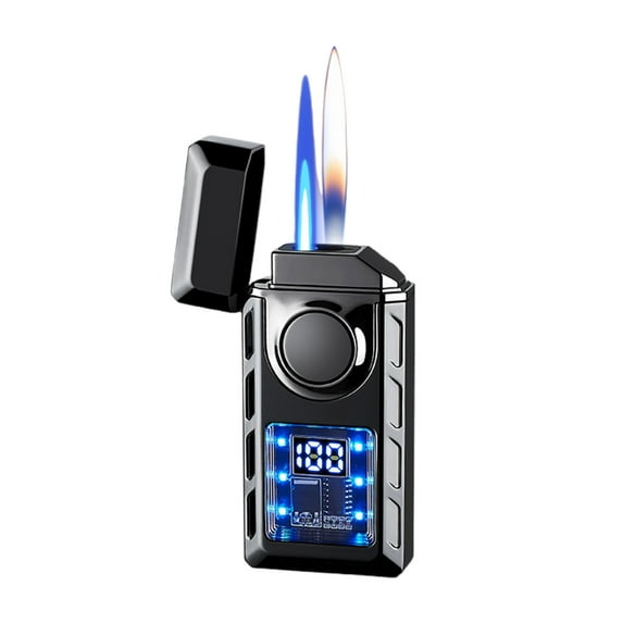 Iuhan Intelligent Voice Controlled Fire Lighter, Dual Flame Adjustable Gas Lighter with Battery Display Window and Direct Charging, Rechargeable Windproof Lighter for Camping Outdoor Kit