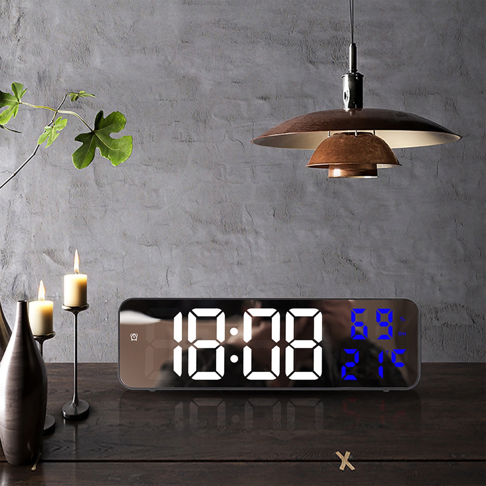 Iuhan LED Wall Clock, Large Digital Mirror Display with Temperature Date Humidity, Adjustable Brightness Alarm Clock for Home Office Bedroom Decor