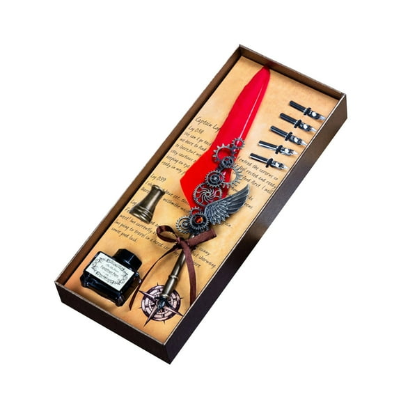 Iuhan Mechanical Wing Quill Pen, Copper Carved Dip Pen with 5 Nibs and Base, Vintage Feather Dipped Water Gift Box for Holiday Birthday Christmas Writing