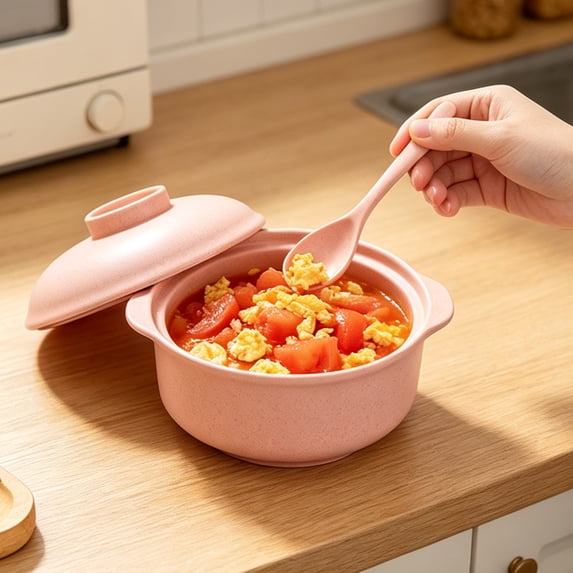 Iuhan Microwave Safe Soup Bowl With Lid And Spoon, Double Handle Bowl For Kitchen Dining, Wheat Straw Bowl For Home Daily Use