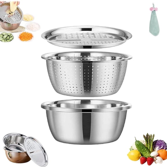 Iuhan Multifunctional Stainless Steel Basin 4 In 1 Vegetable Chopping And Draining Basket Set With Grater And Strainer For Kitchen Food Prep, Salad, Pasta, Rice Washing