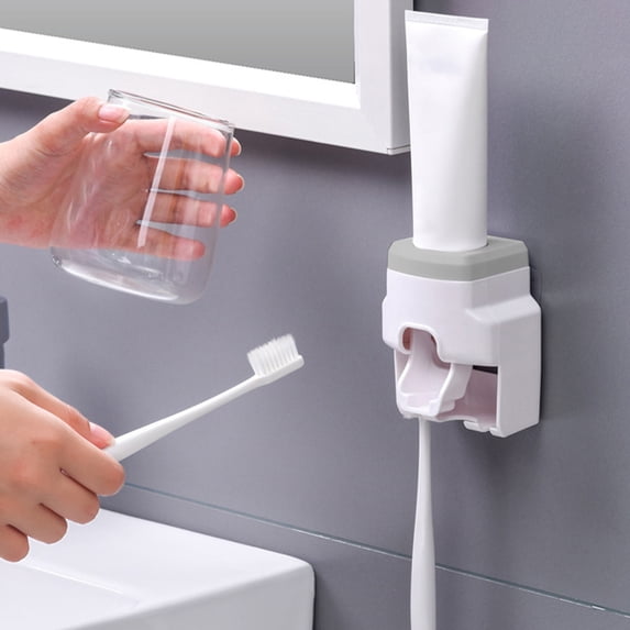 Iuhan Toothpaste Dispenser Wall Mounted, Automatic Toothpaste Squeezer No Drilling, Toothbrush Holder for Bathroom Sink Countertop, Strong Adhesive Vanity Organizer