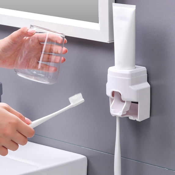 Iuhan Toothpaste Dispenser Wall Mounted, Automatic Toothpaste Squeezer No Drilling, Toothbrush Holder for Bathroom Sink Countertop, Strong Adhesive Vanity Organizer